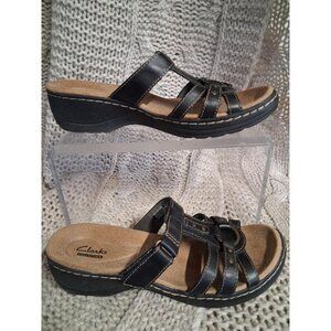 Clarks Collection Black Leather Slide Sandals With Strappy Design & Ring Detail